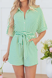 Green striped resort shirt romper with tie waist and button front.