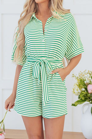 Green striped resort shirt romper with tie waist and button front.