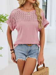 Pink waffle knit t-shirt with eyelet detail on yoke and sleeves.