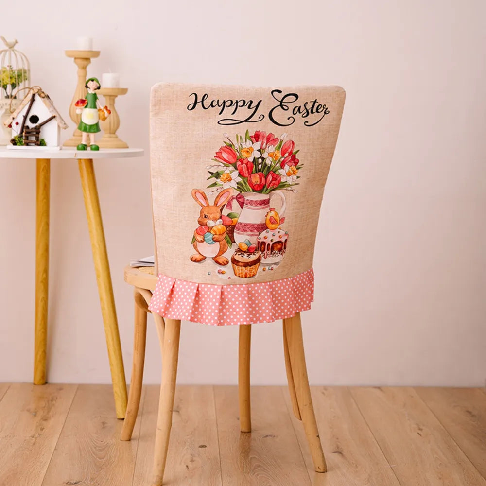 Easter chair cover with bunny, flowers, cupcakes and pink polka dot ruffle.