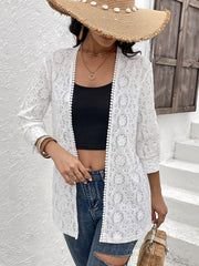 White floral lace open-front duster with beaded trim and 3/4 sleeves.