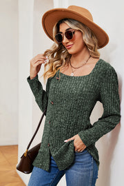 Dark Green ribbed button-down top with asymmetric neckline and square neck.