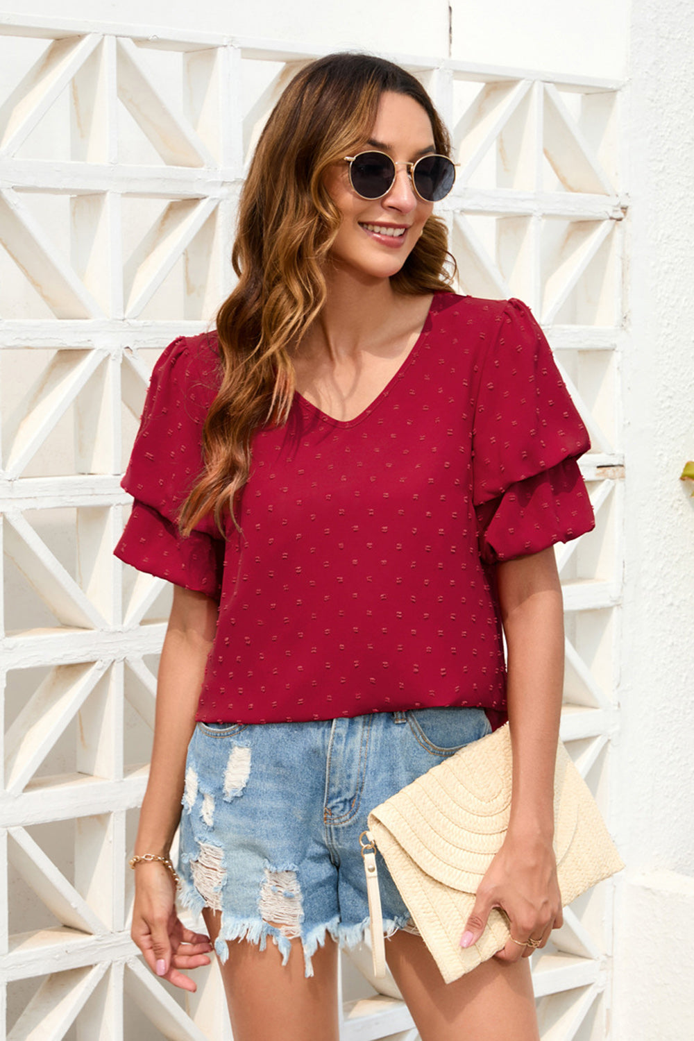 Deep Red Swiss Dot Blouse with tiered flutter sleeves and V-neck