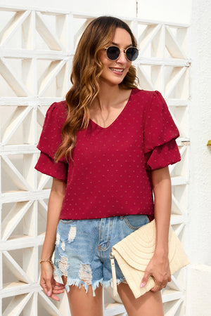 Deep Red Swiss Dot Blouse with tiered flutter sleeves and V-neck