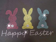 Black t-shirt with rhinestone Easter bunnies and Happy Easter text.