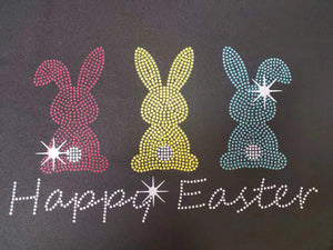 Black t-shirt with rhinestone Easter bunnies and Happy Easter text.