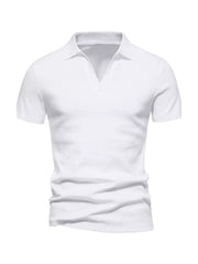 Men's white cotton blend casual polo shirt with notched collar and short sleeves.