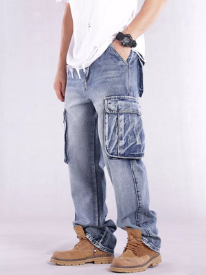 Relaxed fit light wash denim cargo jeans with flap pockets and contrast stitching.