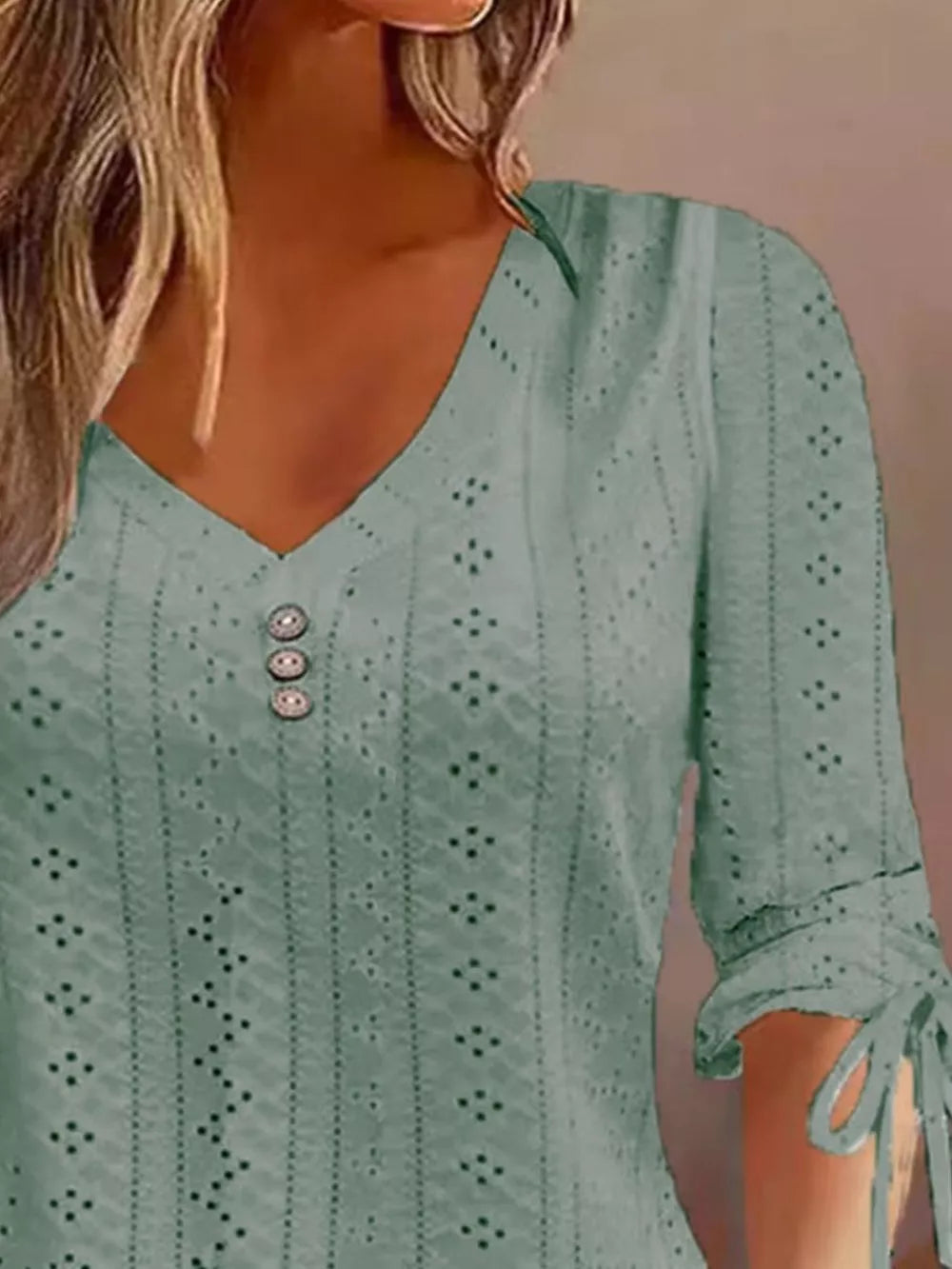 Full Size V-neck Eyelet Drawstring Sleeve Top in Pink, fit detail