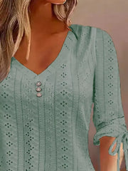 Full Size V-neck Eyelet Drawstring Sleeve Top in Pink, fit detail