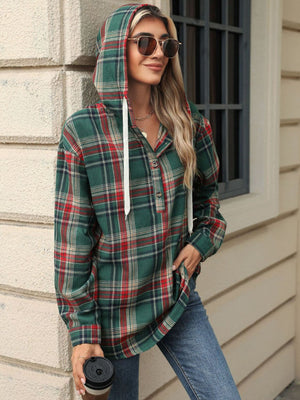 Green plaid hooded henley shirt with button detail and white drawstrings.