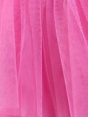 Pink tulle layered baby dress with a close-up view of the fabric texture.