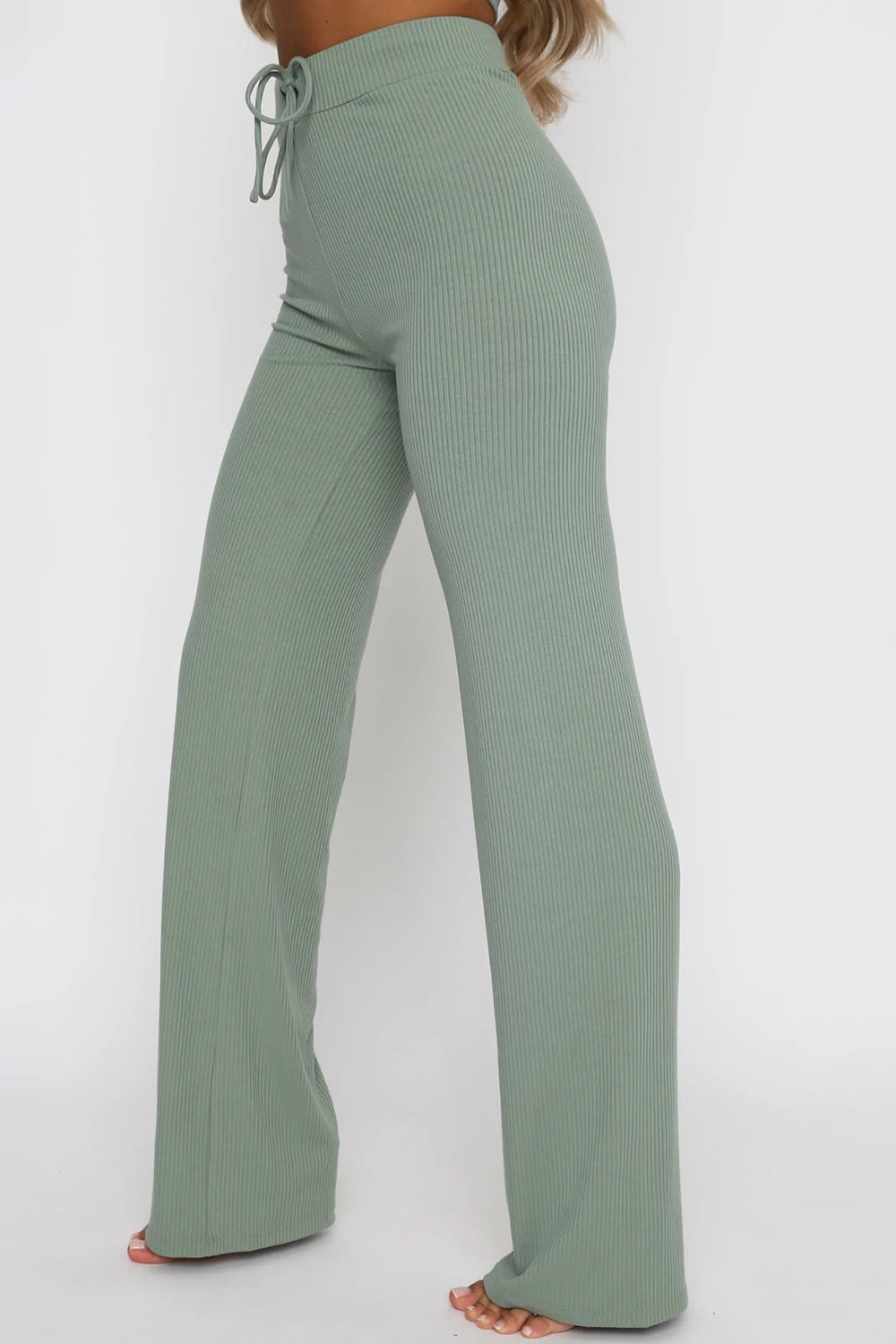 Sage ribbed knit wide leg pants with drawstring waist