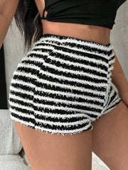 Black and white striped bouclé shorts with frayed hem detail