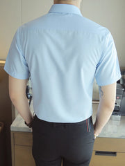 Men's Short Sleeve Slim Fit Casual Shirt in Light Blue, model styling view