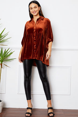 Tiered velvet button-down tunic in Chestnut with button details and a relaxed fit.