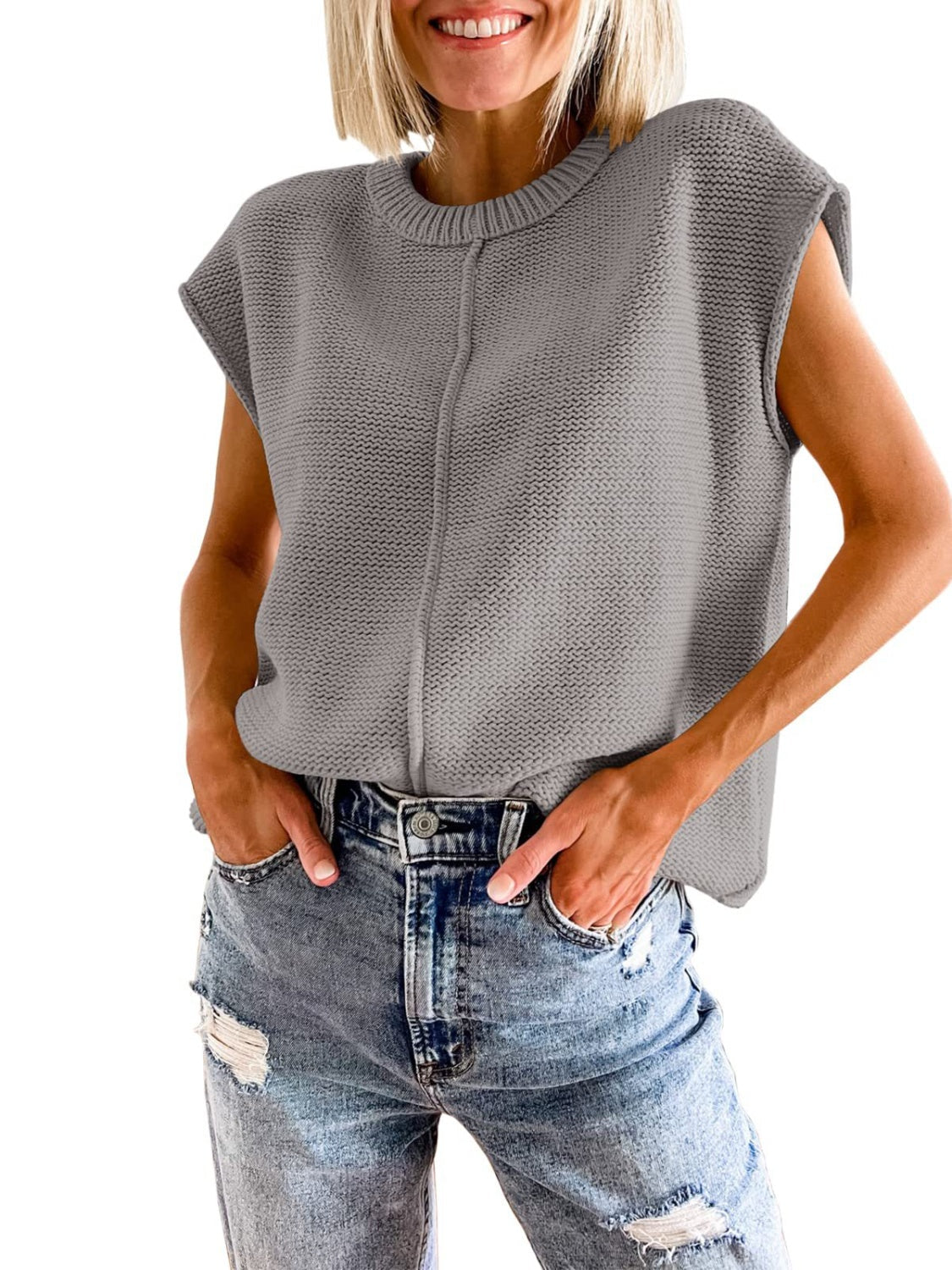 Center seam knit tank top in charcoal with a crew neck and short sleeves.