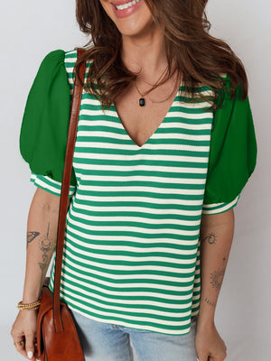 Striped green and white v-neck sweater with puff sleeves and elastane.