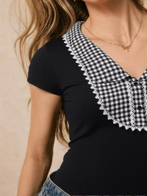 Black maternity shirt with gingham collar and lace trim