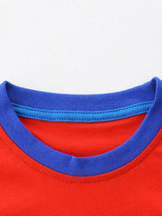 Children's red t-shirt with blue contrast neckline and stitching detail.