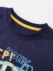 Navy cotton toddler t-shirt with yellow trim and a "Honk" car graphic.