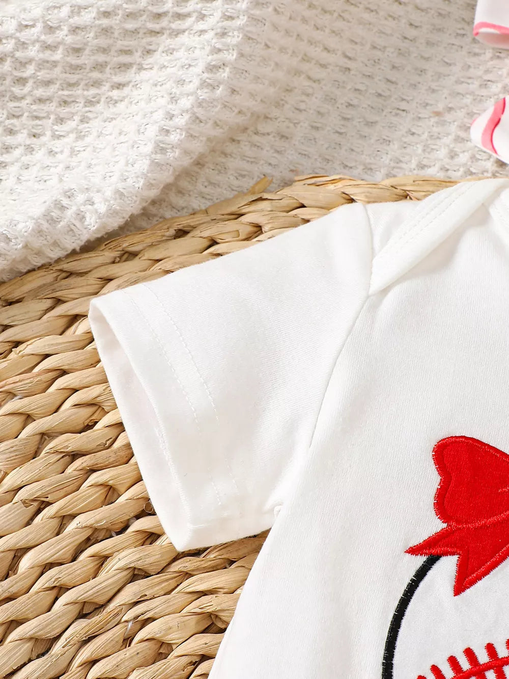 Children's Baseball Short Sleeve Bodysuit Set in White, close-up detail