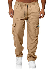 Khaki cargo pants with adjustable waist and button-flap side pockets.