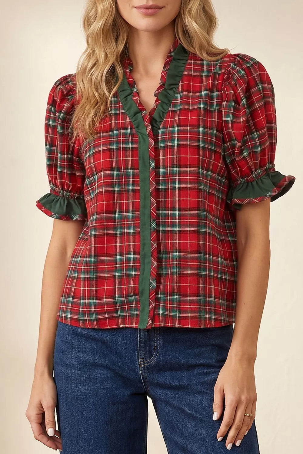 Plaid V Neck Ruffle Color Block Shirt in Rust, front view