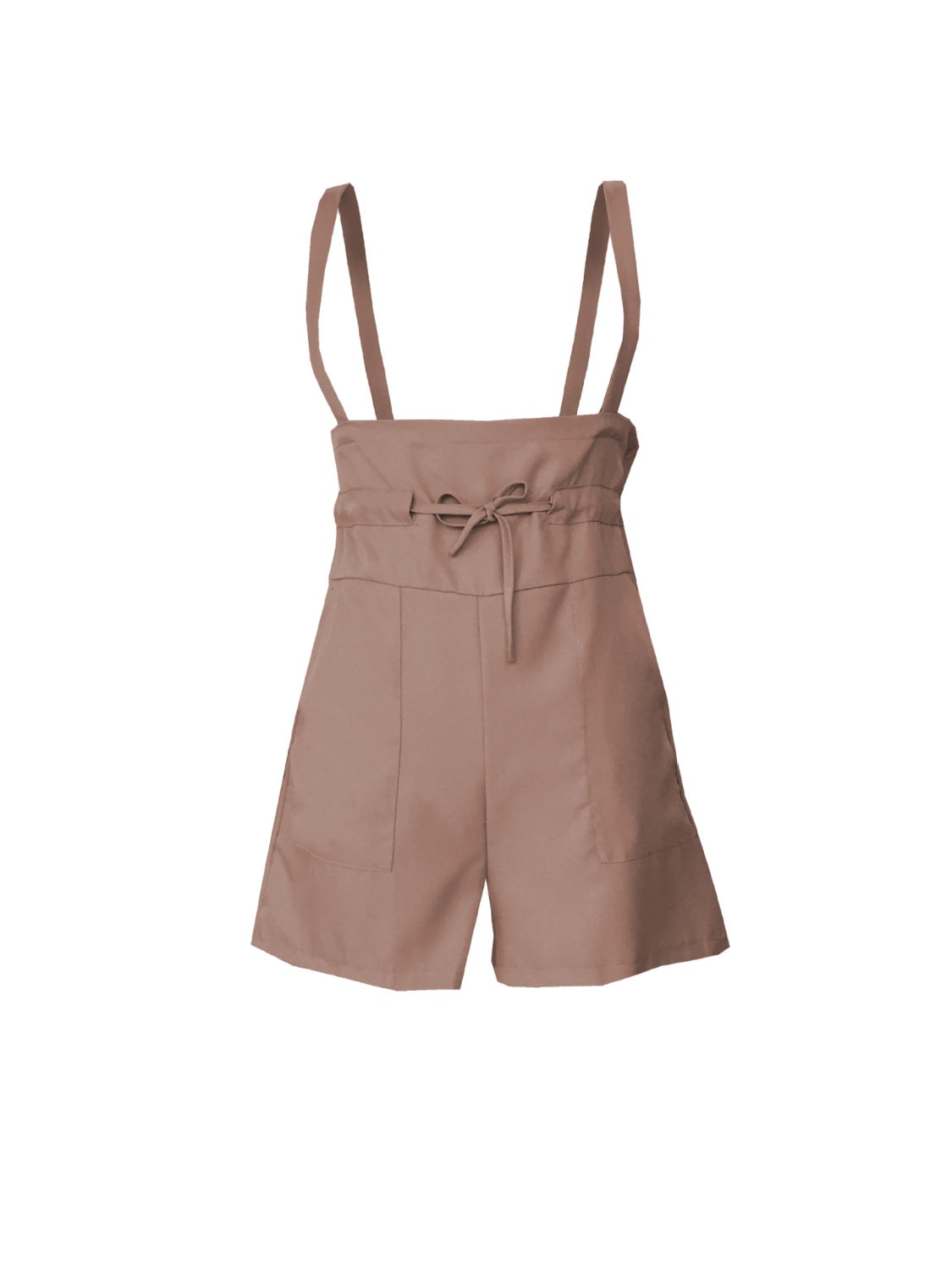 High-waisted camel suspender shorts with drawstring waist and pockets.