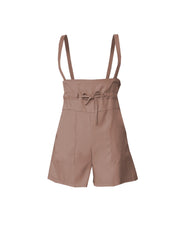 High-waisted camel suspender shorts with drawstring waist and pockets.