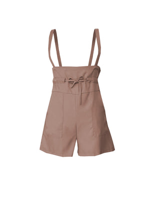High-waisted camel suspender shorts with drawstring waist and pockets.