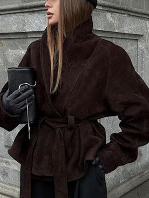 Dark brown suede tie-waist bolero jacket with a high collar and wide sleeves.