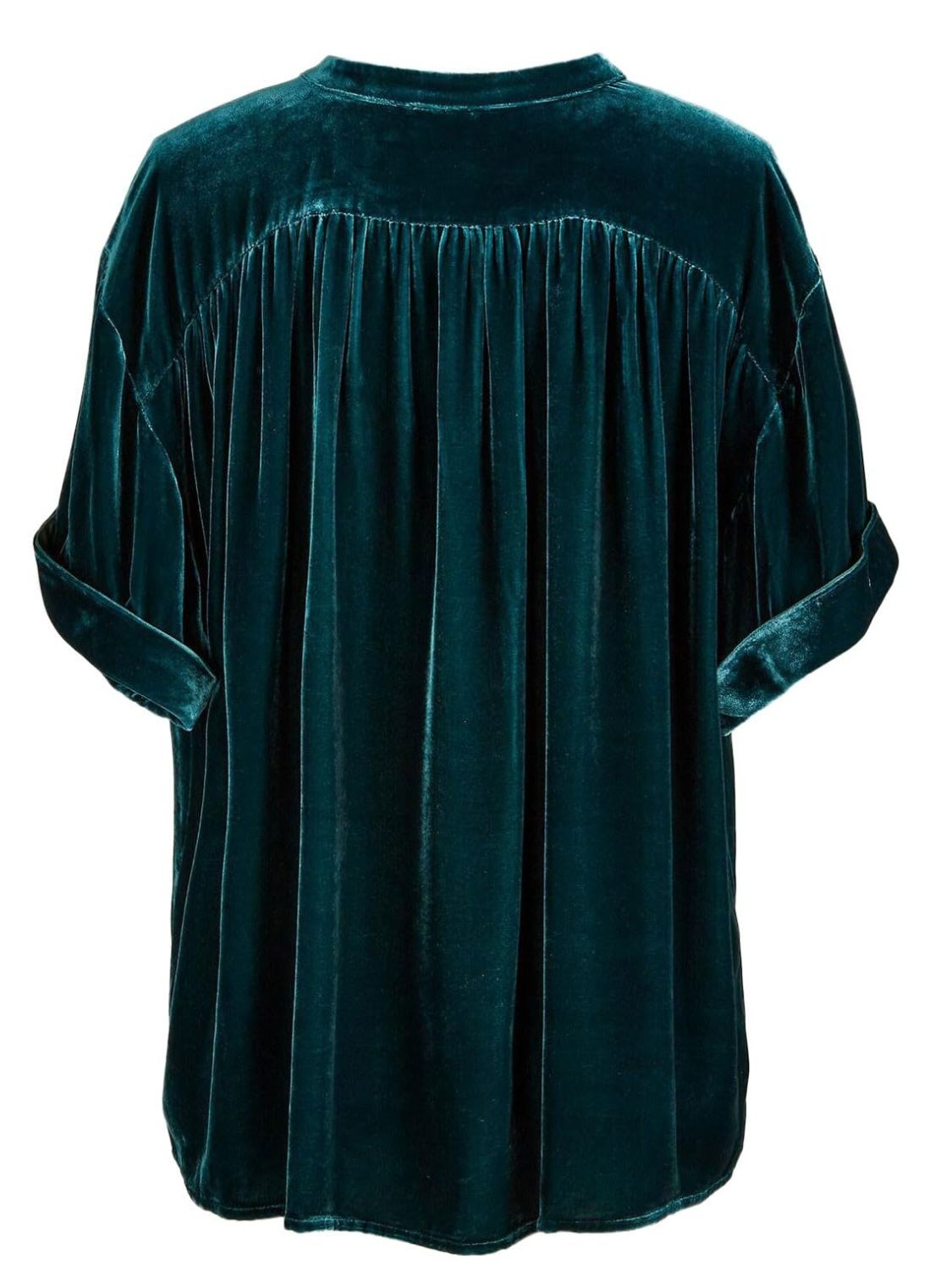 Velvet button-down blouse in dark green with mandarin collar and gathered yoke detail.