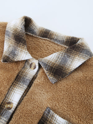 Teddy & Plaid Shacket: Khaki fuzzy shacket with plaid collar and button detail.