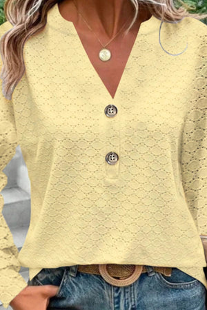 Yellow lace-effect henley blouse with decorative buttons and V-neck
