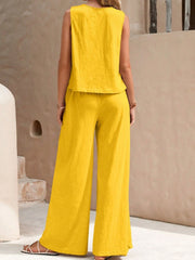 Yellow linen tank top and wide-leg palazzo pants set.