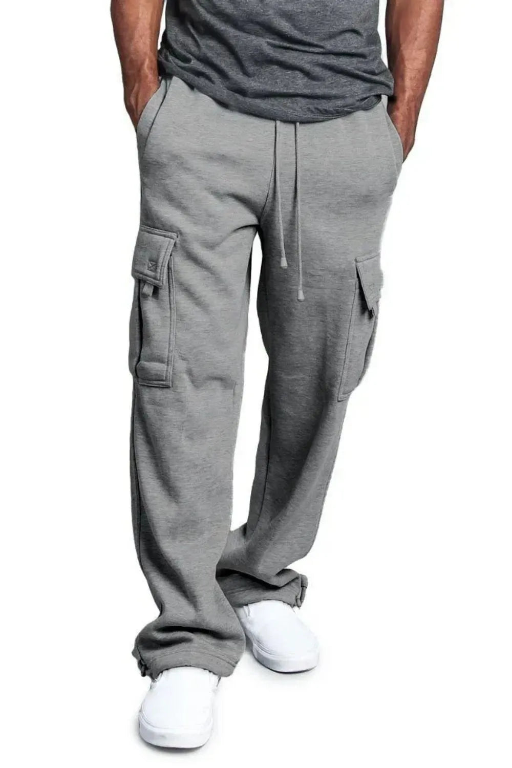 Gray fleece cargo lounge trousers with drawstring waist and multiple pockets.