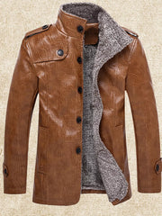 Men's brown faux leather sport jacket with fleece lining and button-up front.