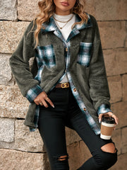 Teddy shacket with plaid collar and cuffs, featuring button front and chest pockets.