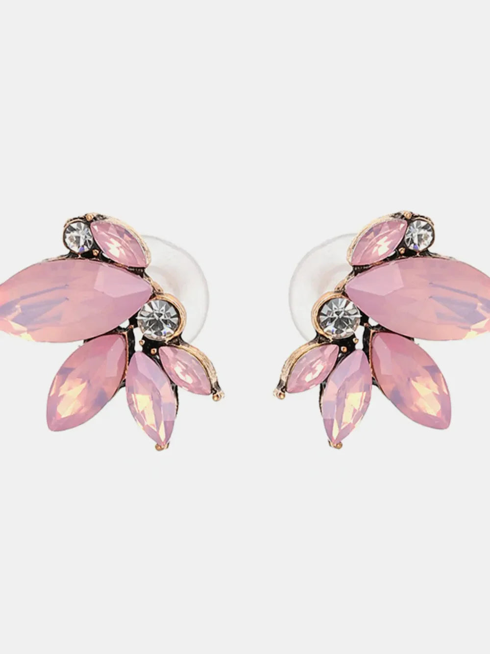 Blush pink gemstone petal cluster stud earrings with antique gold alloy setting and clear crystals.