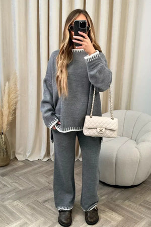 Gray relaxed fit sweater set with contrast trim, wide leg pants and crew neck sweater.