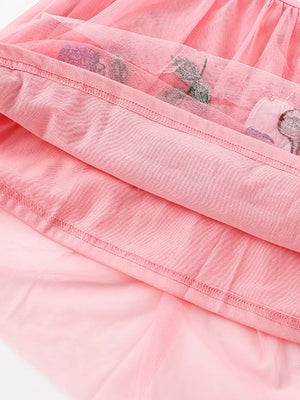 Pink toddler tulle dress with floral embroidery detail.