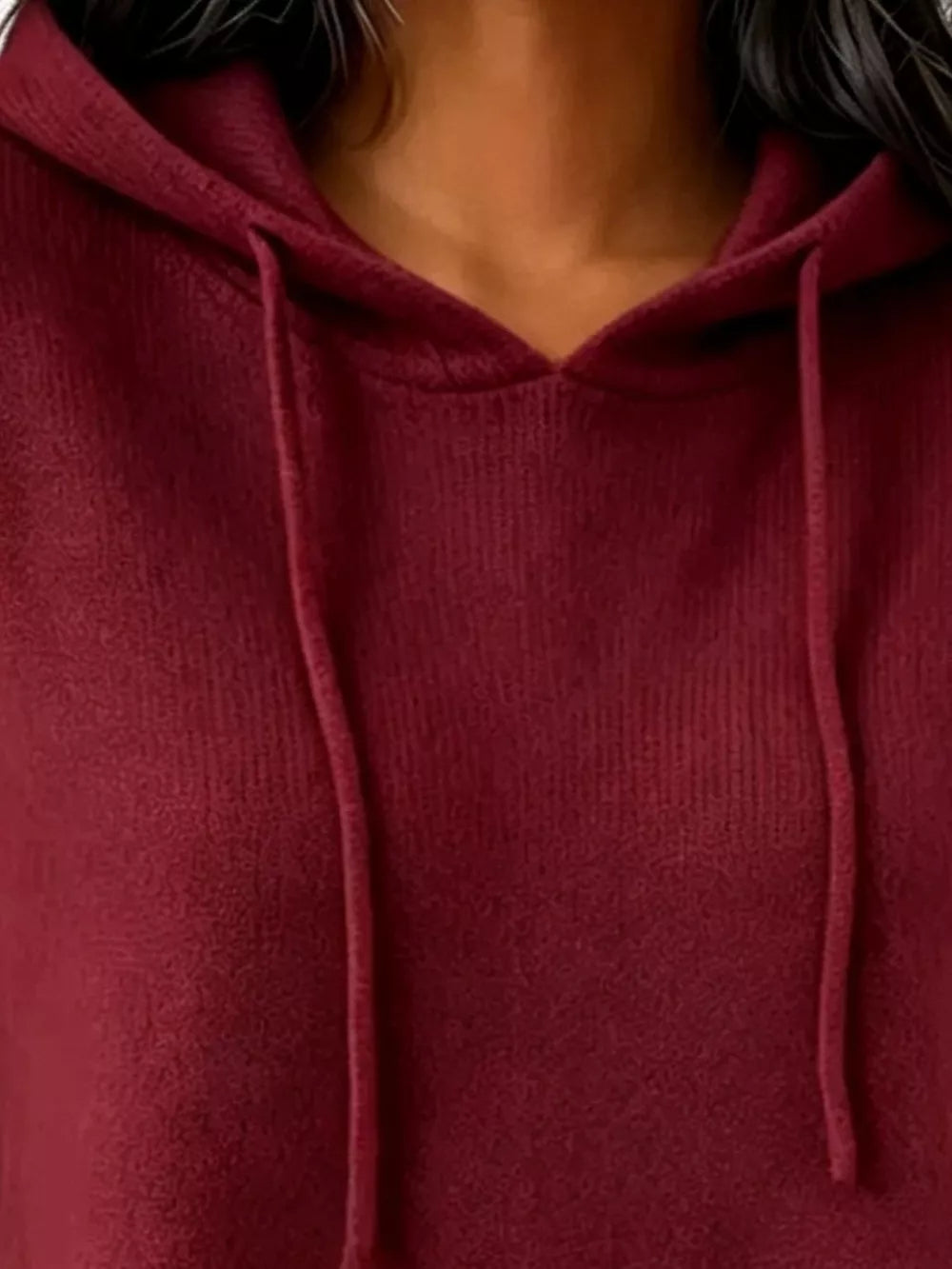 Cozy Ribbed Long-sleeve Hooded Sweater in White, fit detail