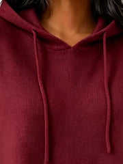 Cozy Ribbed Long-sleeve Hooded Sweater in White, fit detail