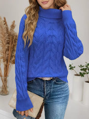Royal blue cable-knit turtleneck sweater with a relaxed fit and ribbed cuffs.