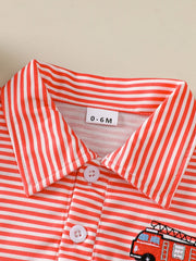 Coral striped baby polo shirt with embroidered firetruck detail and white buttons.