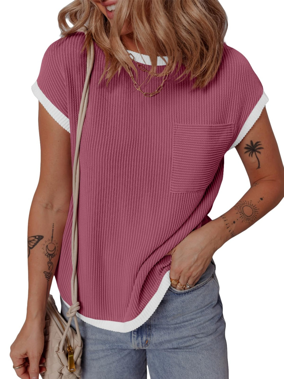 Deep Rose ribbed knit tee with contrast piping and chest pocket.