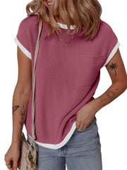 Deep Rose ribbed knit tee with contrast piping and chest pocket.