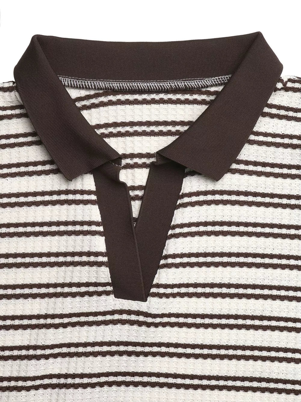 Waffle-knit polo t-shirt with brown and cream horizontal stripes and a dark brown collar.