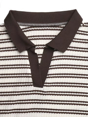 Waffle-knit polo t-shirt with brown and cream horizontal stripes and a dark brown collar.